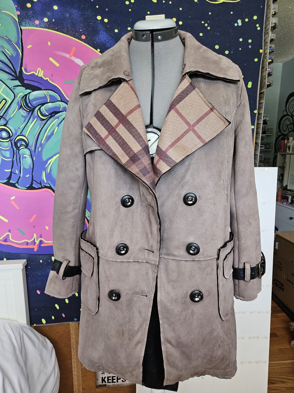 Taupe Suede Double-Breasted Trench Coat with Plaid Lining